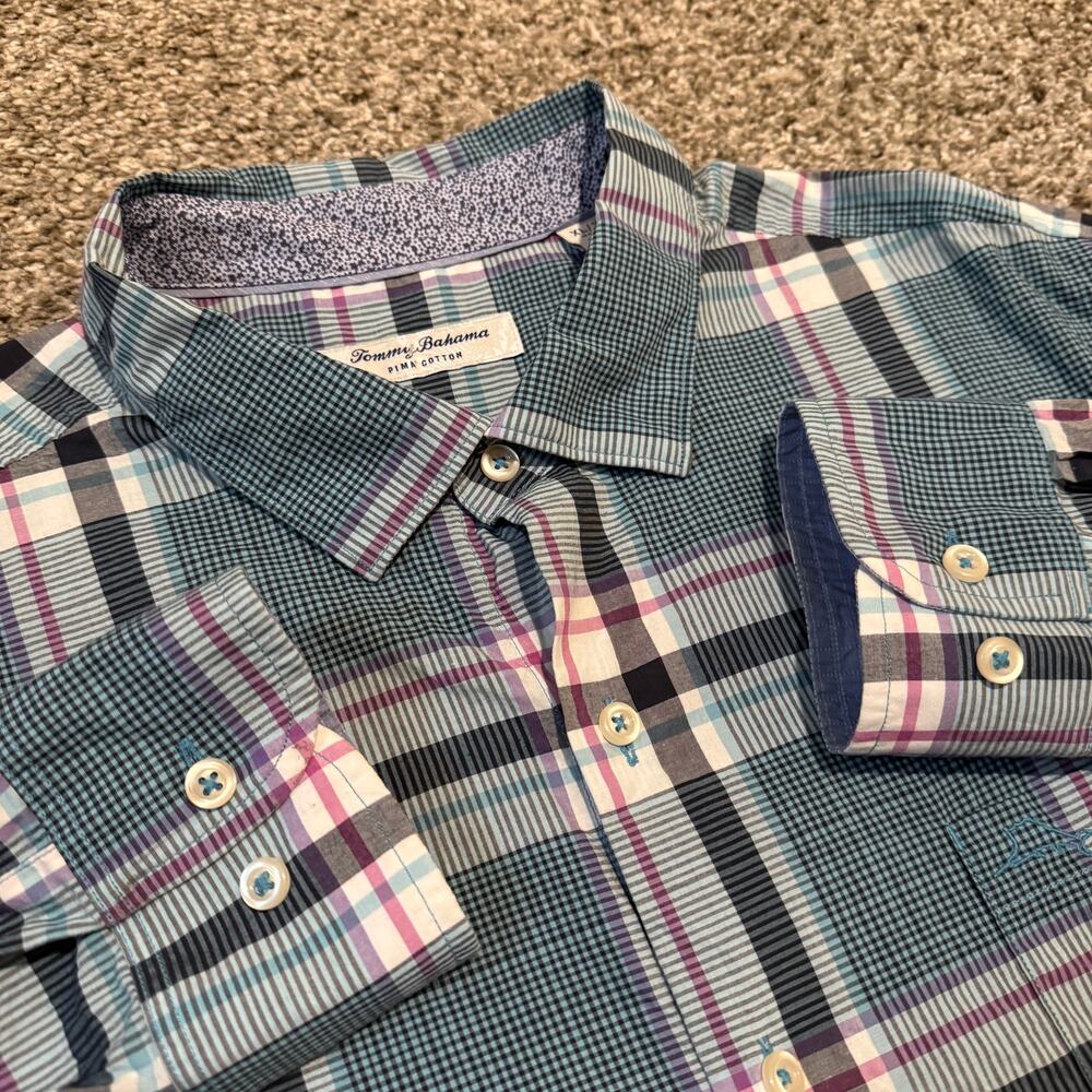 Tommy Bahama Long Sleeve Button Up Shirt Mens XL Blue Pink Plaid Pima Cotton